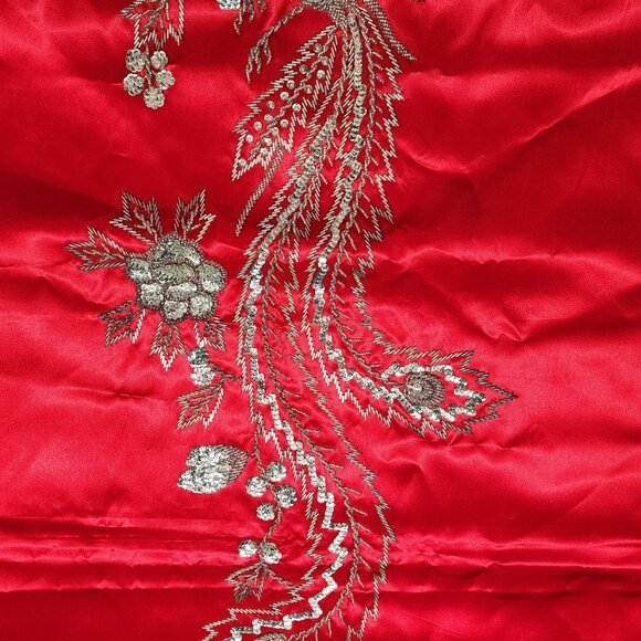 Hand Beaded Floral Bird of Paradise Red Satin Fabric for Wall Hanging or Garment - Picture 6 of 9
